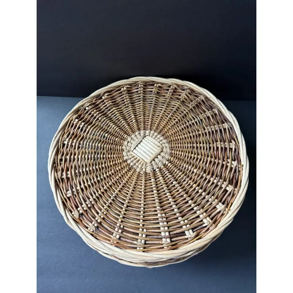 Vintage Handwoven Rattan Wicker Basket Round Handles Farmhouse Cottage Rustic